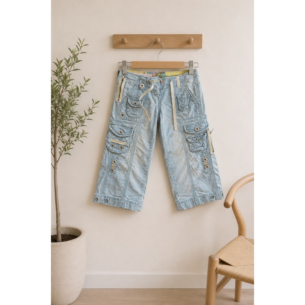 Vintage Y2K River Island Cargo Capri Pants Low Rise Utility Skater Surfer Denim